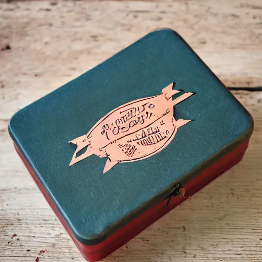Prompt: vintage gift box for men, stamped with sealing wax, old school, wes anderson style