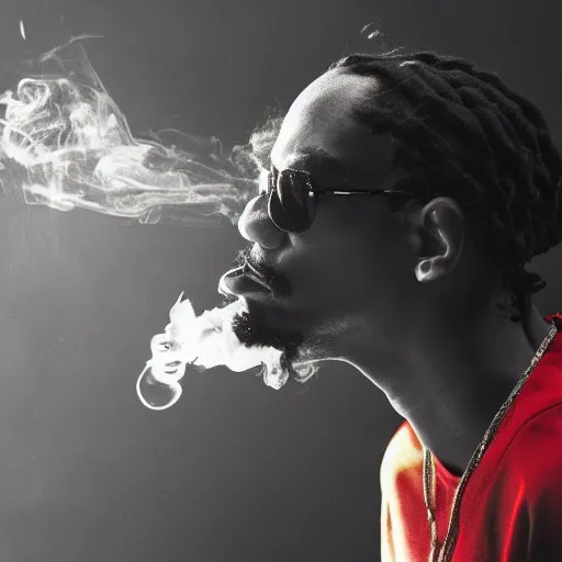 Prompt: a dramatic photograph of snoop dog smoking a joint in an infinite universe while contemplating a magical portal to the beyond, ground haze, dramatic lighting, filmic, cinematographic