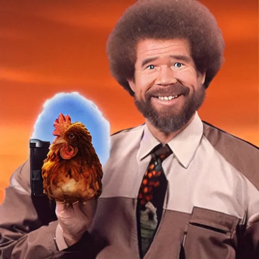 Prompt: bob ross holding a chicken on mars,