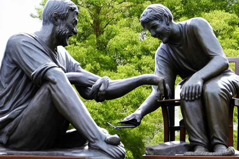 Image similar to a man who is sitting upright in a chair is touching a completed statue