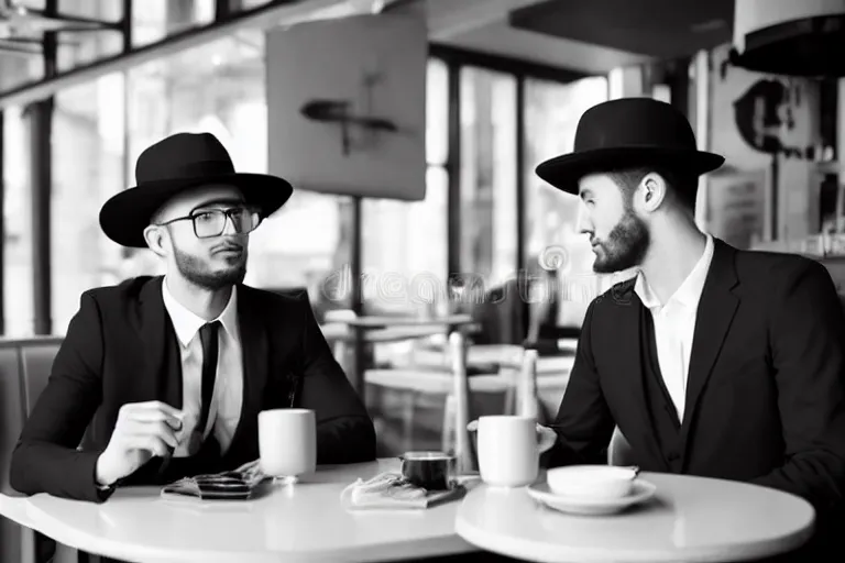 Image similar to still photo of new york men wearing suit and hat at a cafe, black and white color aesthetic, highly detailed, photorealistic portrait, bright studio setting, studio lighting, crisp quality and light reflections, unreal engine 5 quality render