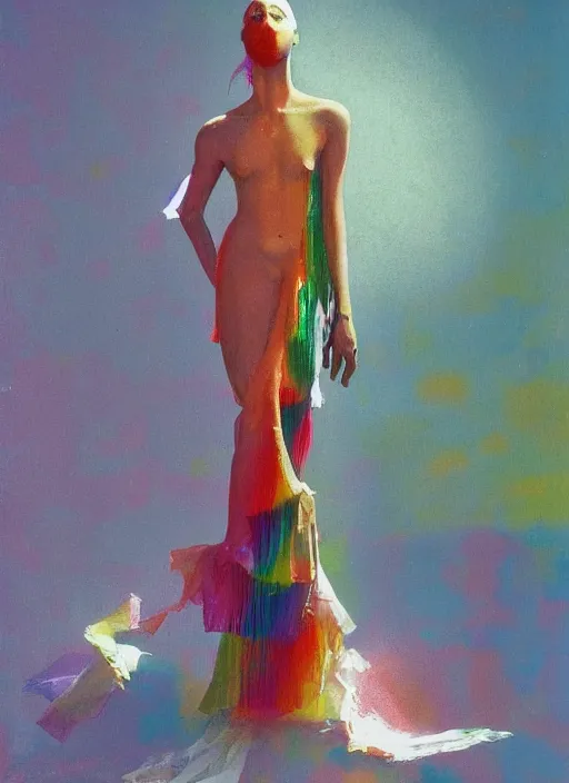 Image similar to colorful rainbow woman in a translucent clothing made from plastic bag with paper bags for clothes standing inside paper bags with paper bag over the head at store display, highly detailed, artstation, art by paul lehr, edward hopper, zdislav beksinski, wayne barlowe