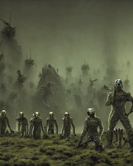 Prompt: group of sardaukar soldiers in a chlorine swamp, retrofuturism sci - fi old movie, highly detailed, photorealistic, 8 k, by beksinski and stalenhag