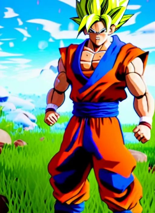 Image similar to game still of a sayan goku as a fortnite skin in fortnite by fortnite, pose.