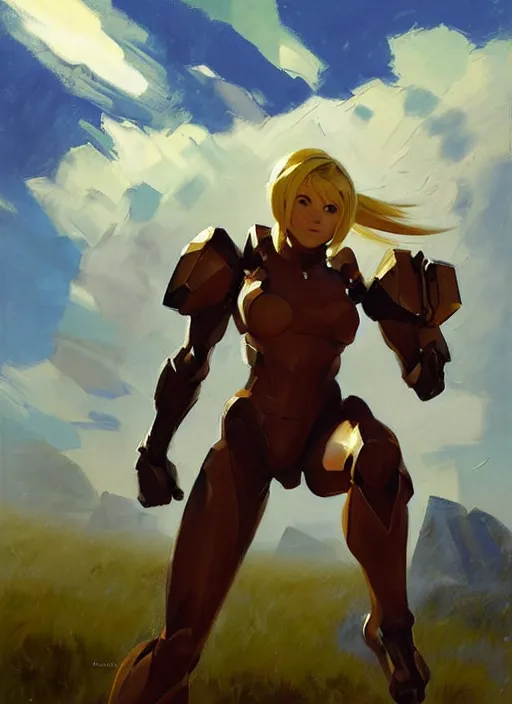 Image similar to Greg Manchess painting of Samus from Metroid Prime, countryside, calm, fantasy character portrait, dynamic pose, above view, sunny day, thunder clouds in the sky, artwork by Jeremy Lipkin and Giuseppe Dangelico Pino and Michael Garmash and Rob Rey, very coherent asymmetrical artwork, sharp edges, perfect face, simple form, 100mm