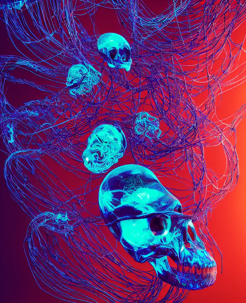 Image similar to close-up portrait of skull dichroic wires and cables jellyfish skull, betta fish, bioluminiscent creatures, intricate artwork by Tooth Wu and wlop and beeple. octane render, trending on artstation, greg rutkowski very coherent symmetrical artwork. cinematic, hyper realism, high detail, octane render, 8k