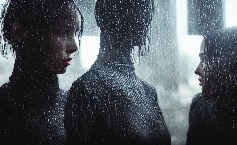 Image similar to cinestill 5 0 d candid photographic portrait by christopher nolan of two loving female androids wearing rugged black mesh techwear in treacherous waters, extreme closeup, modern cyberpunk moody emotional cinematic, pouring rain menacing alien ship lights, 8 k, hd, high resolution, 3 5 mm, f / 3 2, ultra realistic faces, ex machina