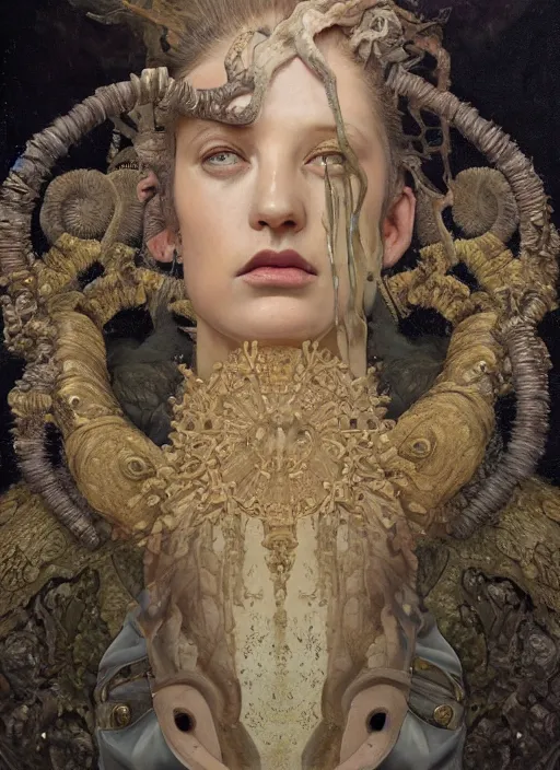 Prompt: highly detailed oil painting | very intricate | cinematic lighting | award - winning | bacteria shaman tardigrade fashion by alexander mcqueen | by roberto ferri, by tom bagshaw, by j. c. leyendecker and klimt, american romanticism, by austin osman spare, artstation, cgsociety, official art, octane