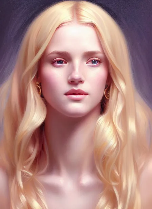 Image similar to beautiful feminine face! portrait of young woman blessed by god with ever - increasing physical mental perfection, blonde, symmetrical! intricate, elegant features, highly detailed, holy perfection!! smile, digital painting, artstation, concept art, smooth, sharp focus, illustration, art by artgerm and greg rutkowski and alphonse mucha