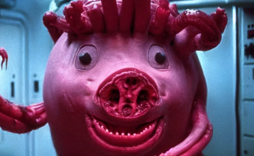 Prompt: peppa the pig infected by xenomorph from movie alien 1 9 7 9, staying at nostromo spaceship. extreme long shot, 4 k, cinestill, giger, hermann nitsch, dark colors