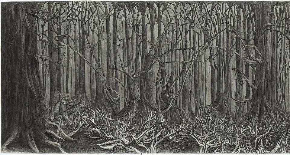 Prompt: A dense and dark enchanted forest with a swamp, by Charles Addams