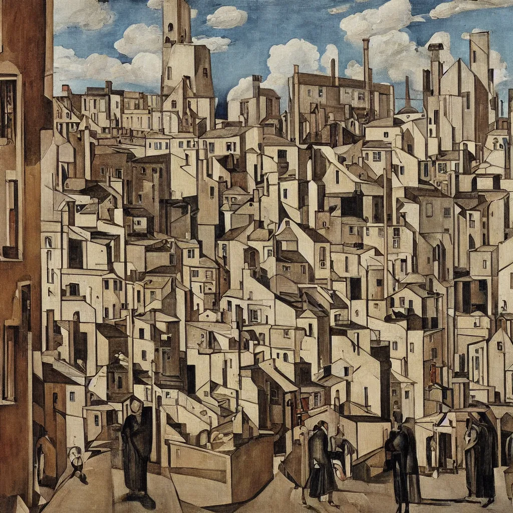 Image similar to a painting of street life in kirkwall, orkney, people,houses, by Giorgio de Chirico