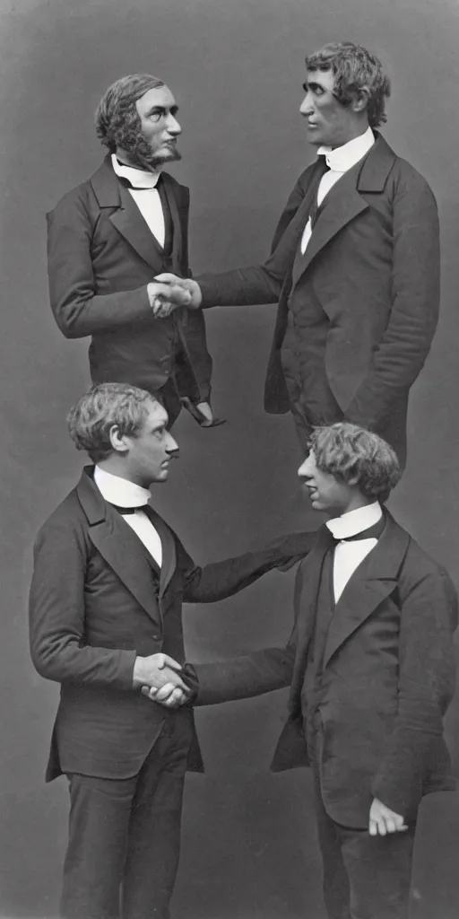 Prompt: tall t rex with long arms, shaking hands. Business men. anamorphic, strange, black and white, photograph, 1850s