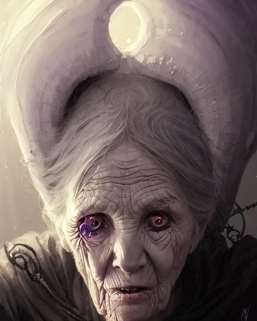 Image similar to a female necromancer old woman | | elderly - face, wrinkled face, realistic shaded perfect face, fine details. anime. tentacles, eldritch abomination, dunwitch horror, realistic shaded lighting poster by greg rutkowski, magali villeneuve, artgerm, jeremy lipkin and michael garmash and rob rey