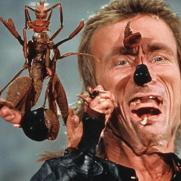 Image similar to johnny halliday with a giant ant on his head