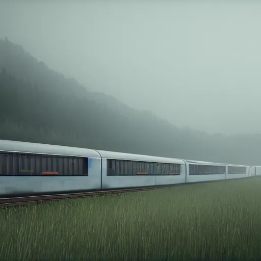 Image similar to landscape with futuristic train station in an empty field. by stalenhag. mist, fog, cyber punk, realistic, 8K