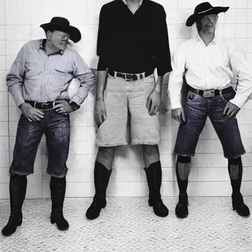 Image similar to many cowboys wearing shorts standing in a room with white tile walls