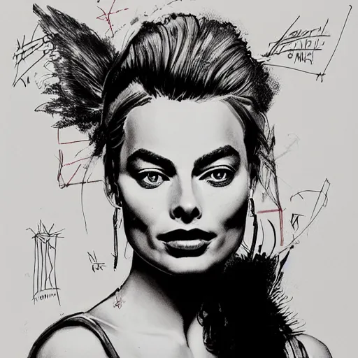Prompt: a sketch, ultra detailed, fashion, magic, universe, beautiful woman, similar to margot robbie, weird haairstyle, surreal city, in style of jean - michel basquiat, trending on artstation