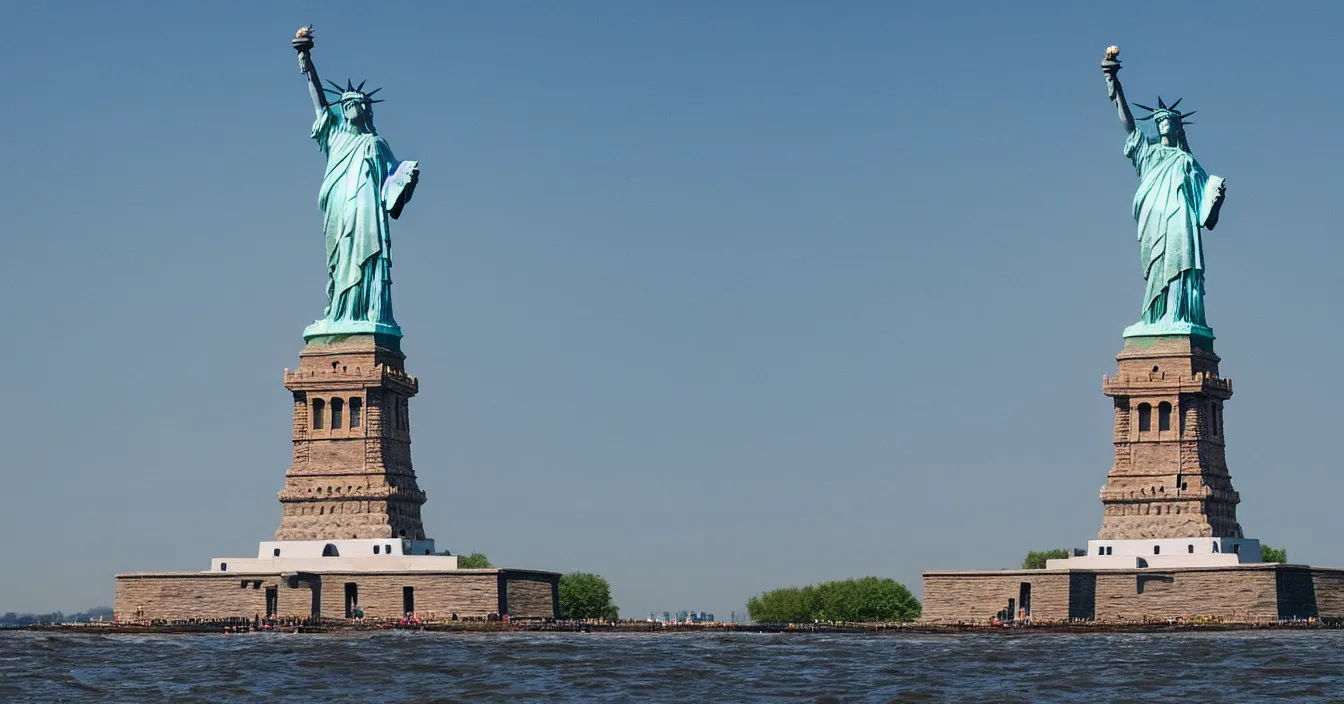 Prompt: the statue of liberty broke free from its pedestal and jumped into the water, realistic photo, composition