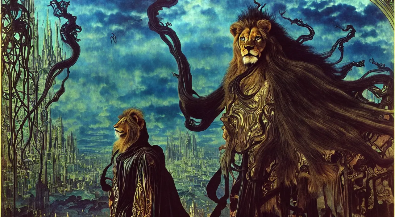 Image similar to realistic detailed portrait movie shot of a lionman wearing dark robes, sci fi city landscape background by denis villeneuve, amano, yves tanguy, alphonse mucha, ernst haeckel, max ernst, roger dean, masterpiece, rich moody colours, blue eyes, occult