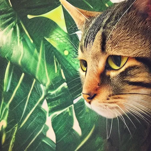 Prompt: “ abstract tabby cat in a jungle ”