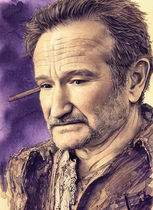 Image similar to portrait, Robin Williams in the Fisher King, watercolor, dramatic lighting, cinematic, establishing shot, extremely high detail, foto realistic, cinematic lighting, pen and ink, intricate line drawings, by Yoshitaka Amano, Ruan Jia, Kentaro Miura, Artgerm, post processed, concept art, artstation, matte painting, style by eddie mendoza, raphael lacoste, alex ross