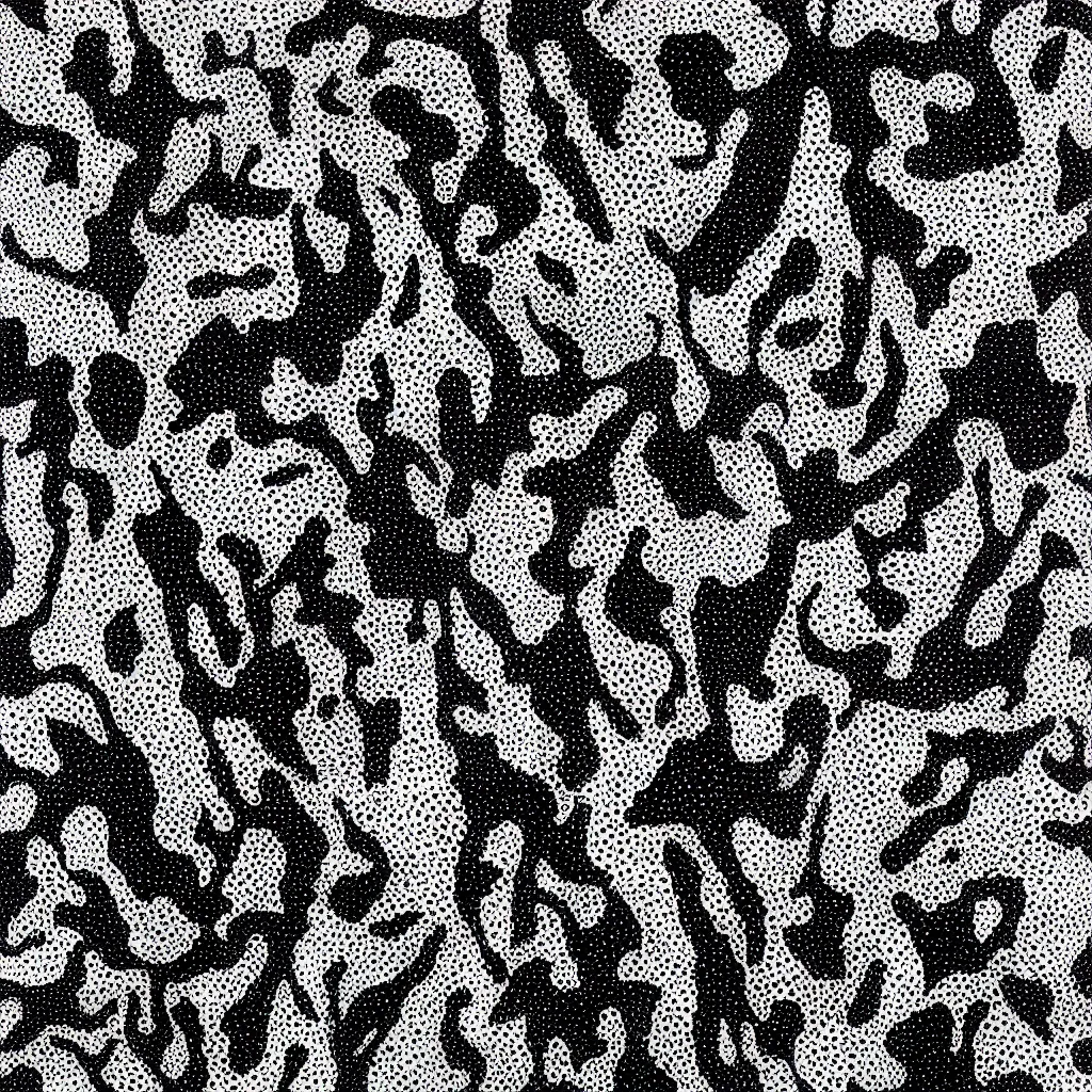 Image similar to camo made of teeth, smiling, abstract, rei kawakubo artwork, cryptic, dots, stipple, lines, splotch, color tearing, pitch bending, faceless people, dark, ominious, eerie, minimal, points, technical, old painting