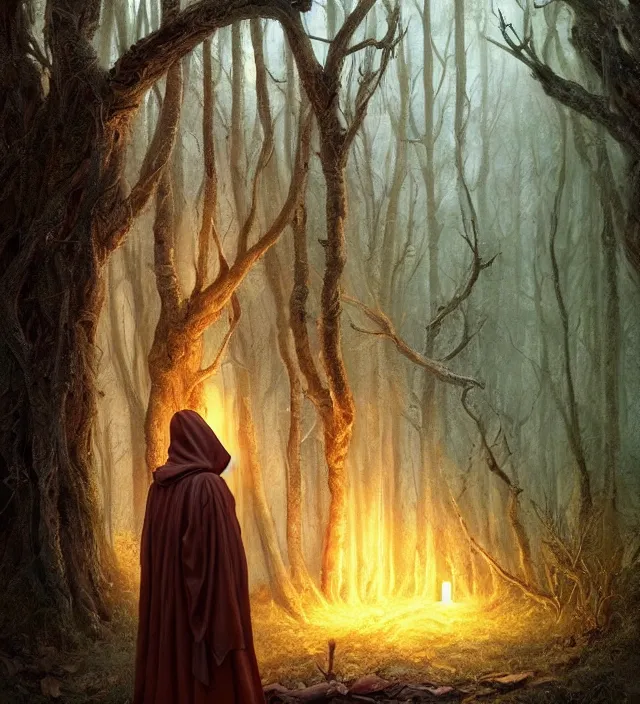 Image similar to hooded monk of the enchanted woods. peace, serenity, stillness, tranquility and a deep sense of magick. cinematic atmospheric lighting, mystical, atmospheric, wicca, painted, intricate, ultra detailed. by dave dorman, well composed, best on artstation, cgsociety, epic, stunning, gorgeous, intricate details, wow, masterpiece