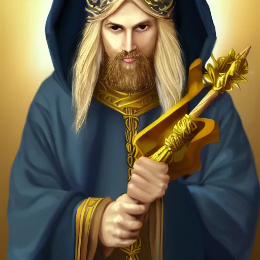 Prompt: A young well kept wizard with a blonde ponytail in a navy blue robe with gold accents, he holds a staff of light with a bright crystal, medieval fantasy, digital art, trending on artstation