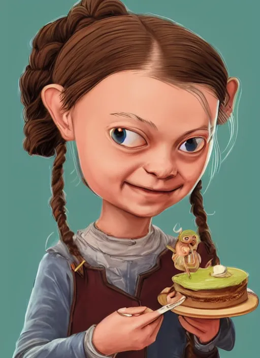 Prompt: greta thunberg as a medieval goblin eating cakes. detailed digital art, trending on Artstation