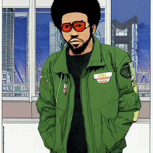 Image similar to illustration by katsuhiro otomo, black man with afro hair, raspy beard stubble, wearing an adidas army green jacket, in the streets of tokyo, akira style, by katsuhiro otomo