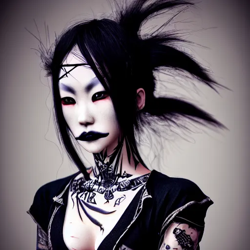 Image similar to japanese gothic model with maximalist hair style and kanji tattoos, dark colors, fashion model, portrait shot, depth of field, 8 k, hyper detailed, intricate, trending on artstation