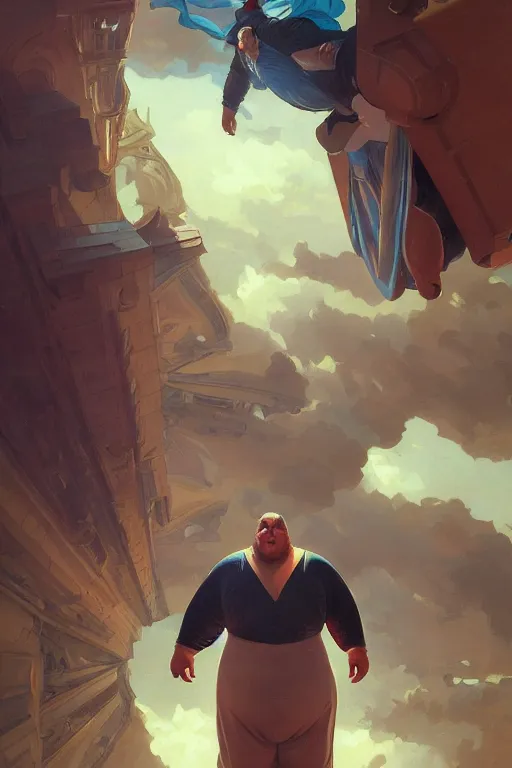 Image similar to an overweight man as a human cannonball, realistic painting, symmetrical, highly detailed, digital painting, artstation, concept art, smooth, sharp focus, illustration, cinematic lighting, art by artgerm and greg rutkowski and alphonse mucha