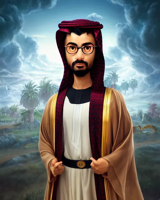 Prompt: an epic fantasy comic book style full body portrait painting of modern saudi man , elegant, character design by Mark Ryden and Pixar and Hayao Miyazaki, unreal 5, DAZ, hyperrealistic, octane render, cosplay, RPG portrait, dynamic lighting, intricate detail, summer vibrancy, cinematic