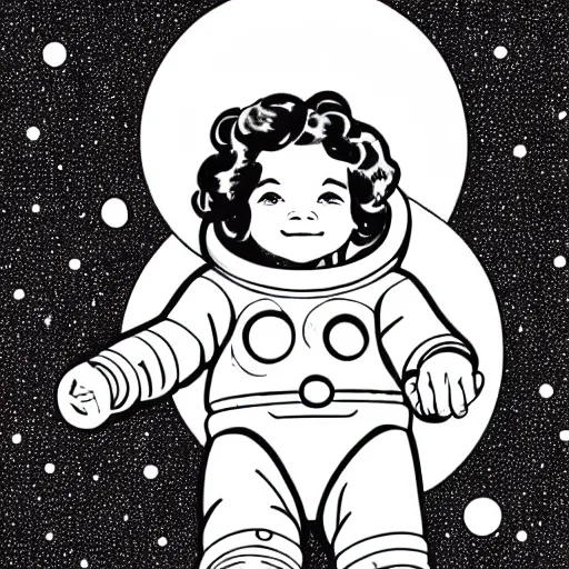 Image similar to clean simple line art of a little girl with wavy curly hair floating in space. she is an astronaut, wearing a space suit. white background. well composed, clean black and white line drawing, beautiful detailed face. illustration by steve ditko and jack kirby and alphonse mucha