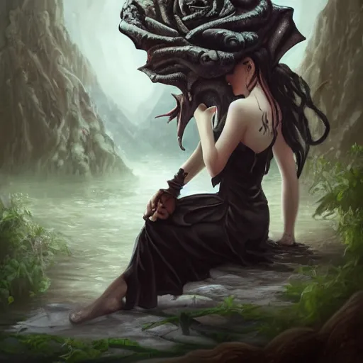 Image similar to Cthulhu's wife holding a black rose wearing a sundress and sitting by the river, garden, summer, 8k resolution matte fantasy painting, cinematic lighting, DeviantArt, Artstation, Jason Felix Steve Argyle Tyler Jacobson Peter Mohrbacher