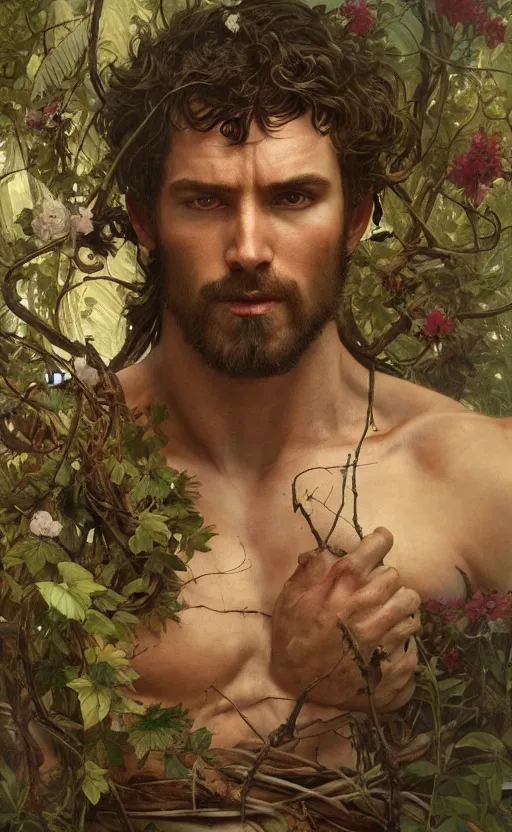 Image similar to god of the forest, 3 0 years old, rugged, handsome, male, detailed face, clean lines, atmospheric lighting, amazing, full body, thighs, flowers, muscular, intricate, highly detailed, digital painting, deviantart, concept art, sharp focus, illustration, art by greg rutkowski and alphonse mucha