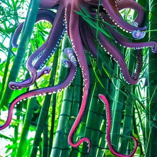 Image similar to an octopus wrapping his tentacles around a lucky bamboo plant outdoors in the sun