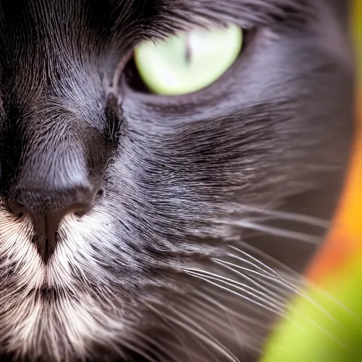 Prompt: intricate photo of a black cat, extreme close up on the cats face, cat facing right