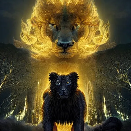 Image similar to black lion's god looking at you with fur made from gold lightnings surrounded by epic ancient huge forest and mountains, colossal scale, cinematic shot, hyperdetails, dramatic lighting, by Evgeniy Antonenkov and James Jean