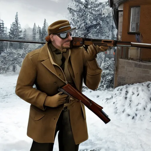 Prompt: blonde Viktor Reznov from Call of Duty: World at War with a beige coat, a blonde goatee, short hair, beige fedora, and sunglasses, holding a wooden sniper rifle, photorealistic, dramatic lighting, establishing shot