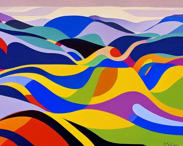 Image similar to A wild, insane, modernist landscape painting. Wild energy patterns rippling in all directions. Curves, organic, zig-zags. Saturated color. Mountains. Clouds. Rushing water. Waves. Sci-fi dream world. Wayne Thiebaud. Lisa Yuskavage landscape.