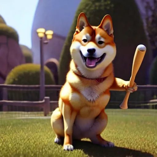 Image similar to weta disney pixar movie still photo of funny shiba inu with baseball bat : : shiba inu by pixar : : giant sign that says bonk : : by weta, greg rutkowski, wlop, ilya kuvshinov, rossdraws, artgerm, octane render, iridescent, bright morning, anime, liosh, mucha : :