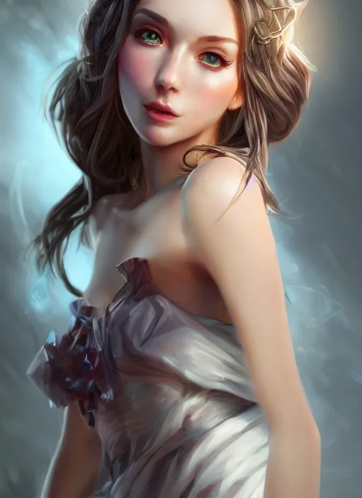 Image similar to beautiful fashion goddness, strapless dress, character portrait in the style of thomas river and artgerm, wlop, cinematic lighting, hyperdetailed, 8 k realistic, symmetrical, global illumination, radiant light, halo, love and mercy, frostbite 3 engine, cryengine, dof, trending on artstation, digital art, chanel