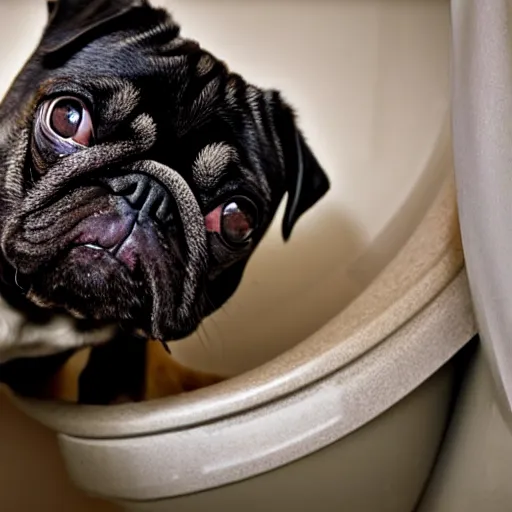 Image similar to a pug climbing out of a toilet, bathroom interior background, photo