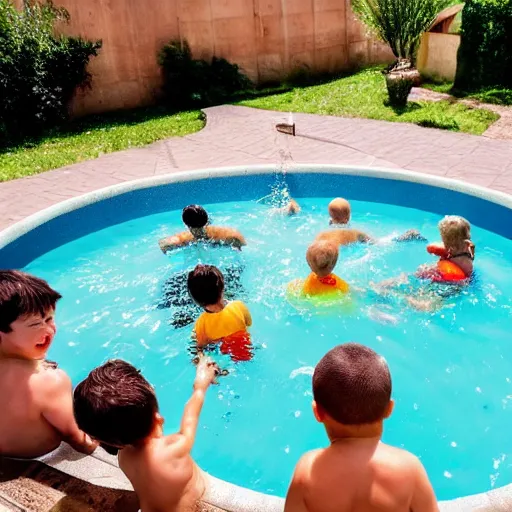 Prompt: swimming pool filled with urine, family enjoying splashing in the urine filled swimming pool