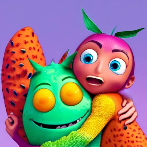 Prompt: happy cute friendly fun hugging tutti frutti characters, pixar, digital, vivid, hyperdetailed