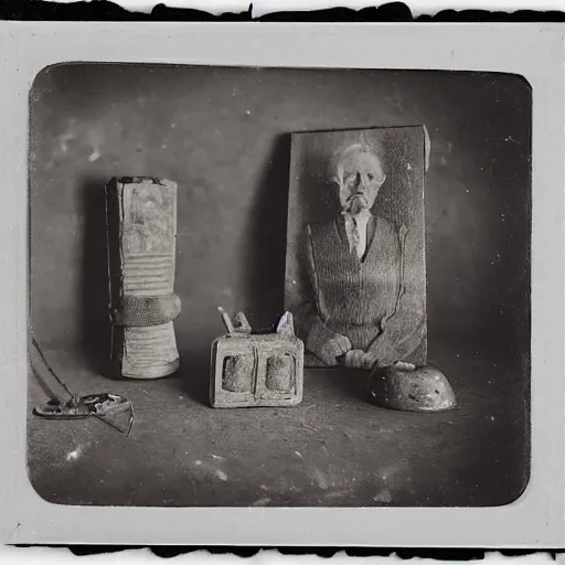 Image similar to Tintype photograph of primitive objects displayed in an ethnographic museum, archive material, anthropology,in the style of Marcel Duchamp, found objects, ready-made, 1920s studio lighting.