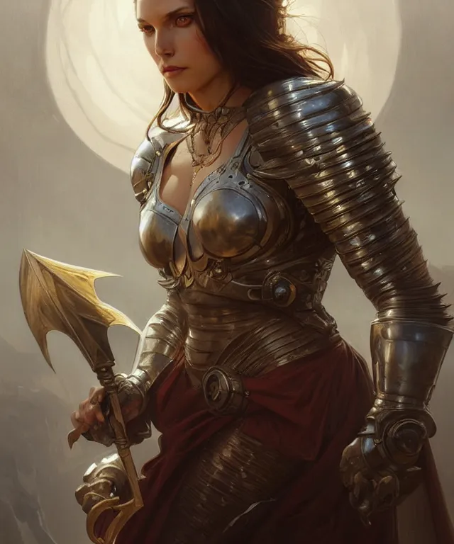 Image similar to Muscular and powerful medieval knight woman portrait, sci-fi, amber eyes, face, long hair, fantasy, intricate, elegant, highly detailed, digital painting, artstation, concept art, smooth, sharp focus, illustration, art by artgerm and greg rutkowski and alphonse mucha