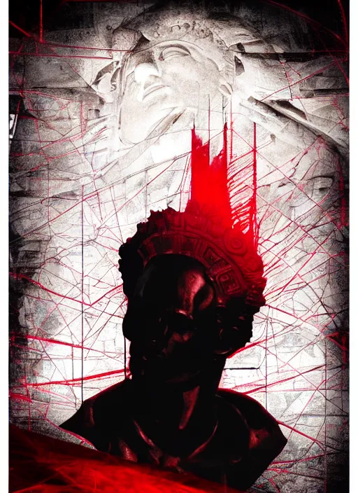 Prompt: elegant dark design poster showing a statue of julius caesar, black background with very subtle red and purple design elements, powerful, nekro, vito acconci, thin straight lines, dark, glitch art, neo vaporwave, gritty, layout frame, square, extremly detailed, trending on artstation